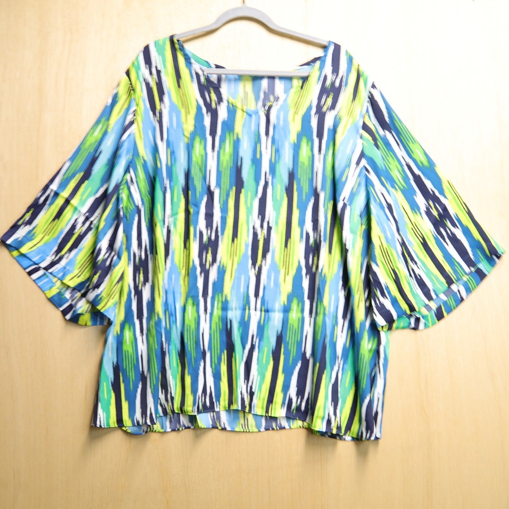 IMAN Global Chic Womens 3X Blue Green Ikat V-Neck Kimono Sleeve Blouse NWT